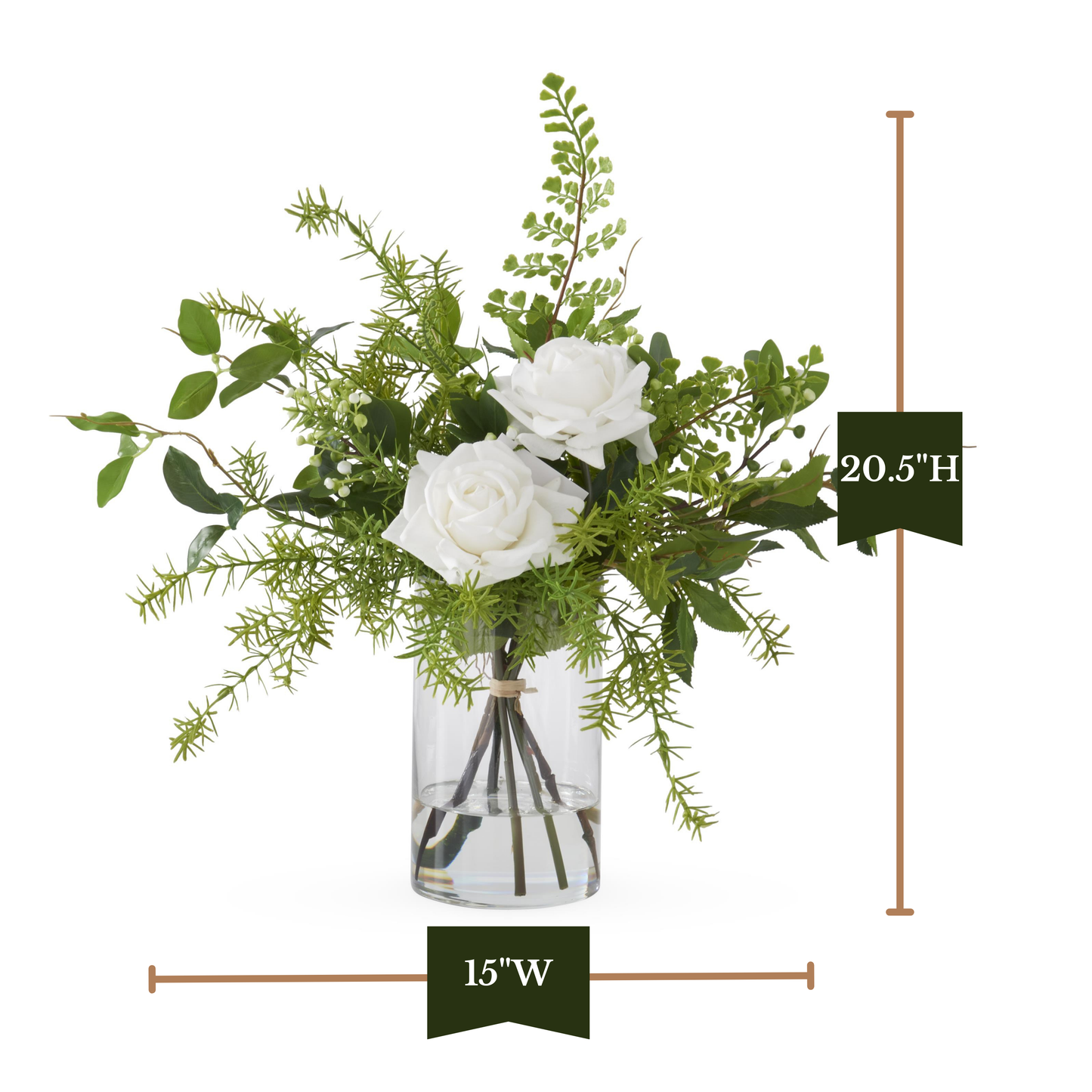 K&K Interiors 20.5" Real Touch Diamond White Rose Flower Arrangement in Faux Water Glass Vase for Mother's Day