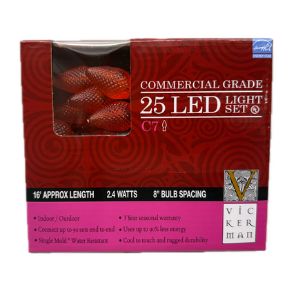 Indoor/Outdoor 25-Count LED C7 Christmas String Lights, Green Wire, 16’, by Vickerman