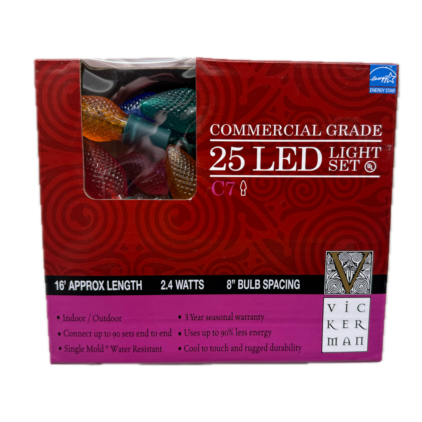 Indoor/Outdoor 25-Count LED C7 Christmas String Lights, Green Wire, 16’, by Vickerman