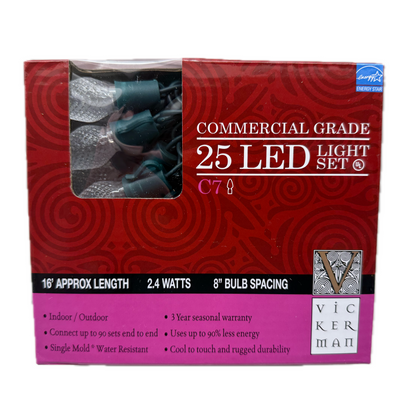 Indoor/Outdoor 25-Count LED C7 Christmas String Lights, Green Wire, 16’, by Vickerman