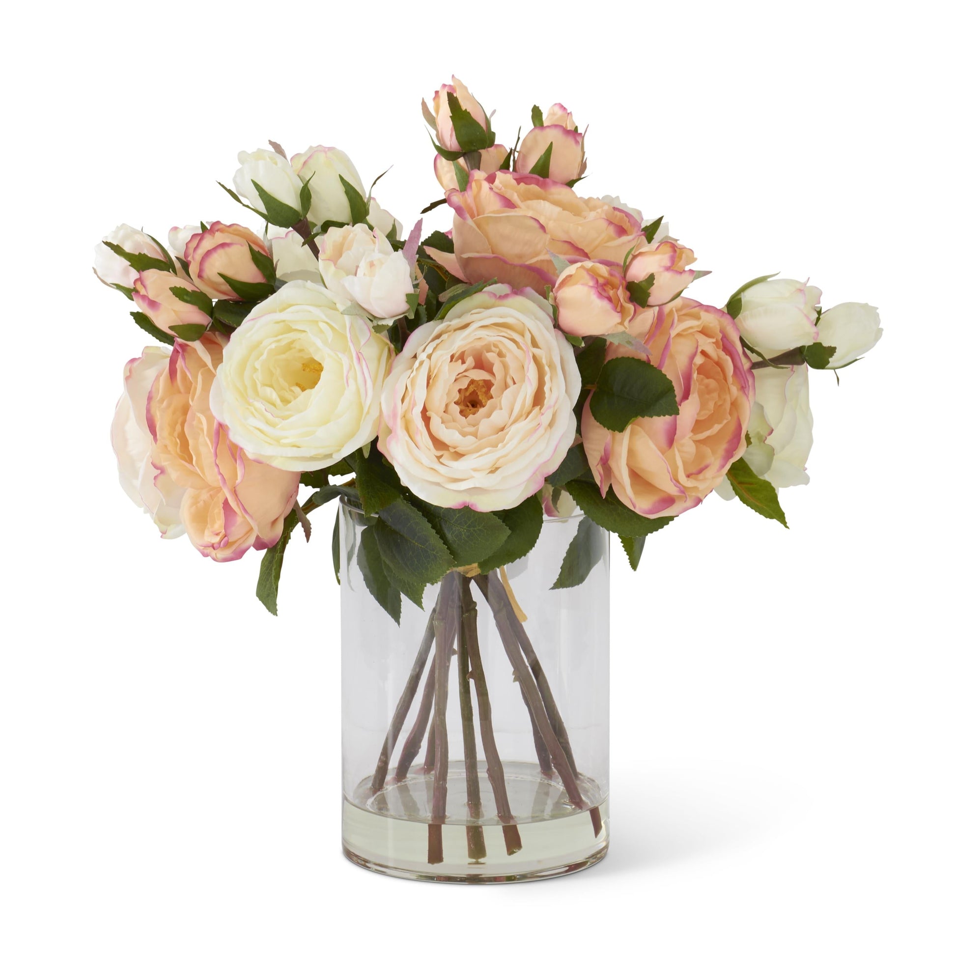 K&K Interiors Pink & White Austin Rose 14" Glass Floral Arrangement with Faux Water for Mother's Day