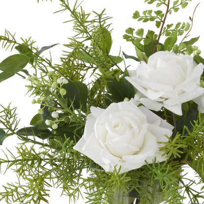 K&K Interiors 20.5" Real Touch Diamond White Rose Flower Arrangement in Faux Water Glass Vase for Mother's Day