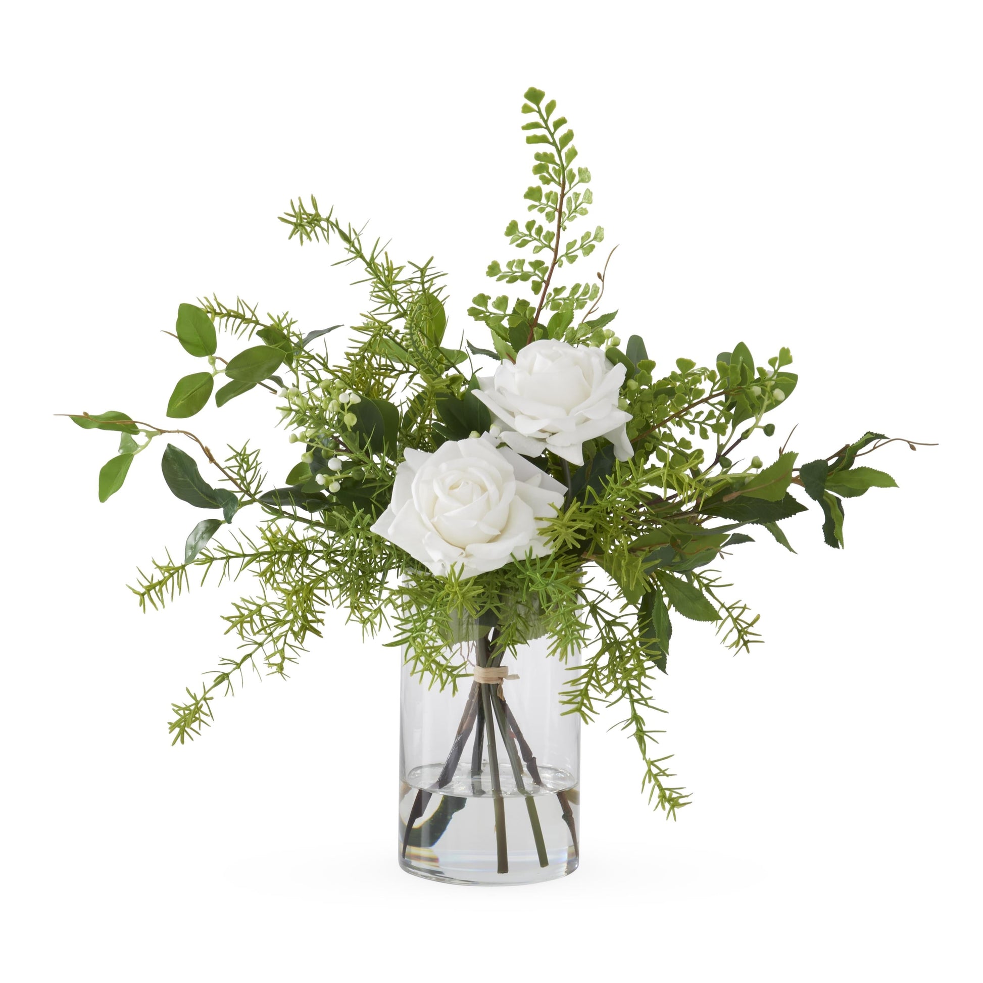 K&K Interiors 20.5" Real Touch Diamond White Rose Flower Arrangement in Faux Water Glass Vase for Mother's Day