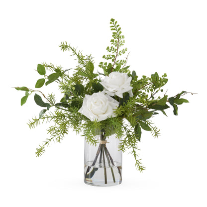 K&K Interiors 20.5" Real Touch Diamond White Rose Flower Arrangement in Faux Water Glass Vase for Mother's Day
