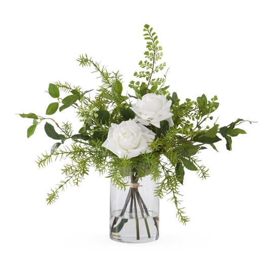 K&K Interiors 20.5" Real Touch Diamond White Rose Flower Arrangement in Faux Water Glass Vase for Mother's Day
