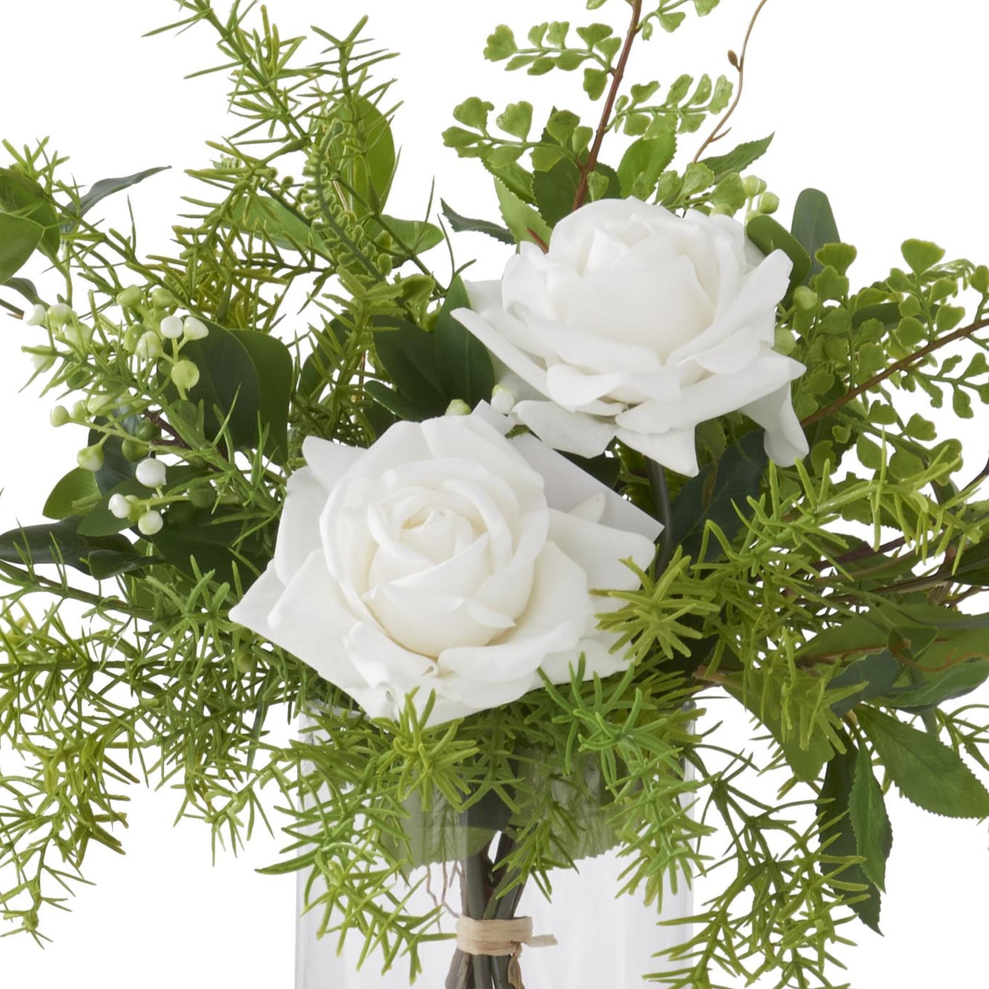 K&K Interiors 20.5" Real Touch Diamond White Rose Flower Arrangement in Faux Water Glass Vase for Mother's Day