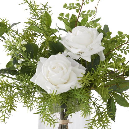 K&K Interiors 20.5" Real Touch Diamond White Rose Flower Arrangement in Faux Water Glass Vase for Mother's Day