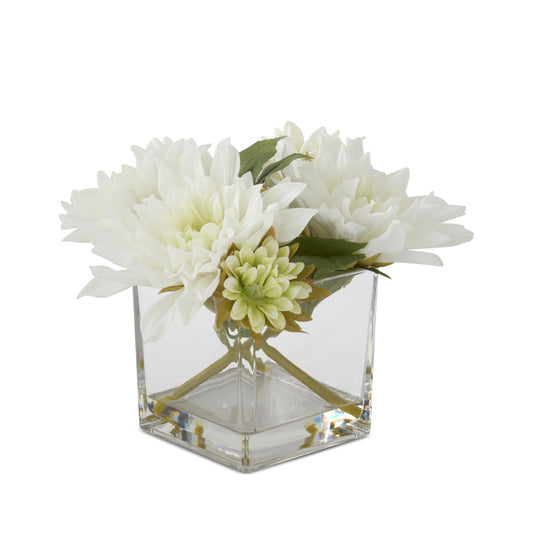 K&K Interiors 8" Real Touch White Dahlia Flower Arrangement in Faux Water Glass Vase for Mother's Day