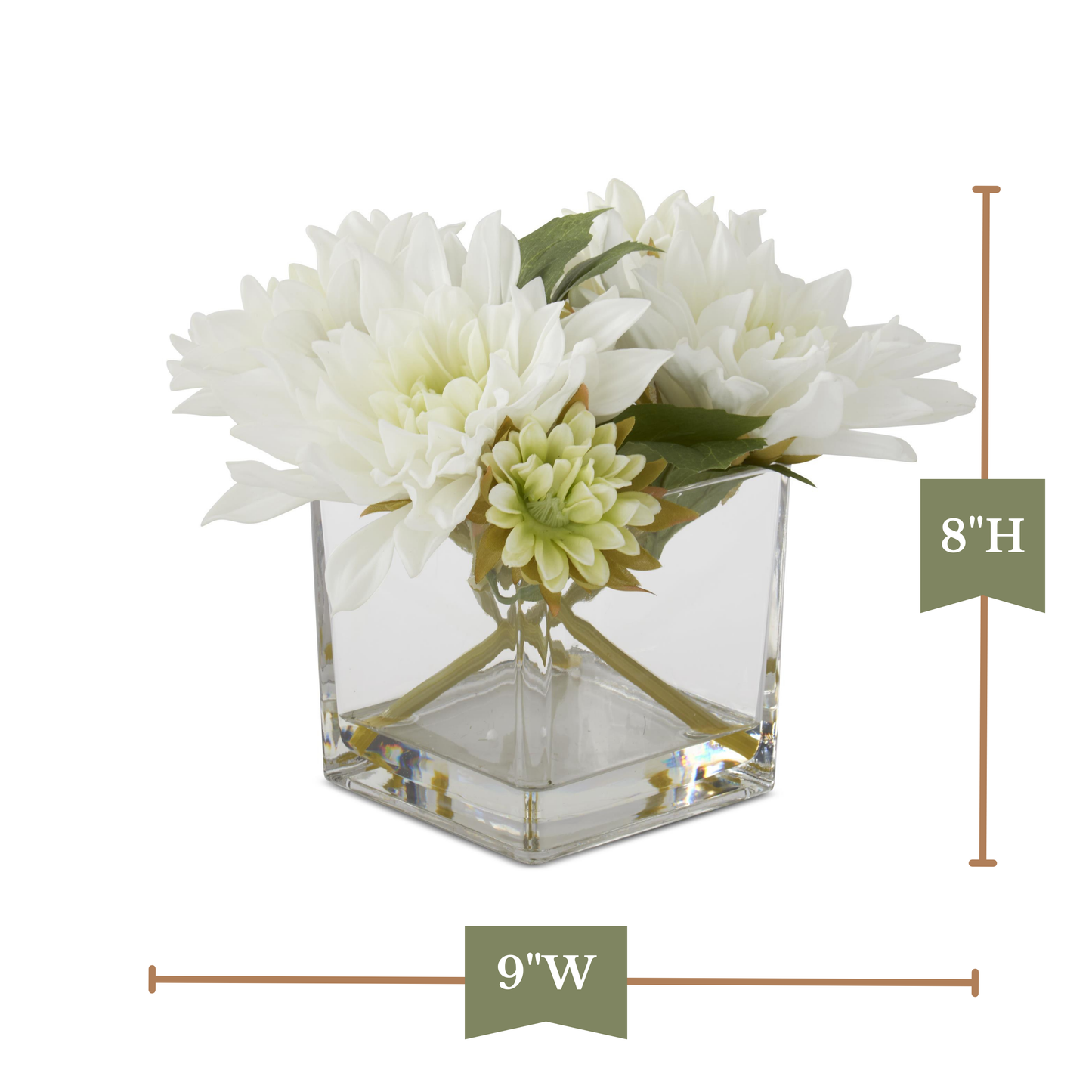 K&K Interiors 8" Real Touch White Dahlia Flower Arrangement in Faux Water Glass Vase for Mother's Day