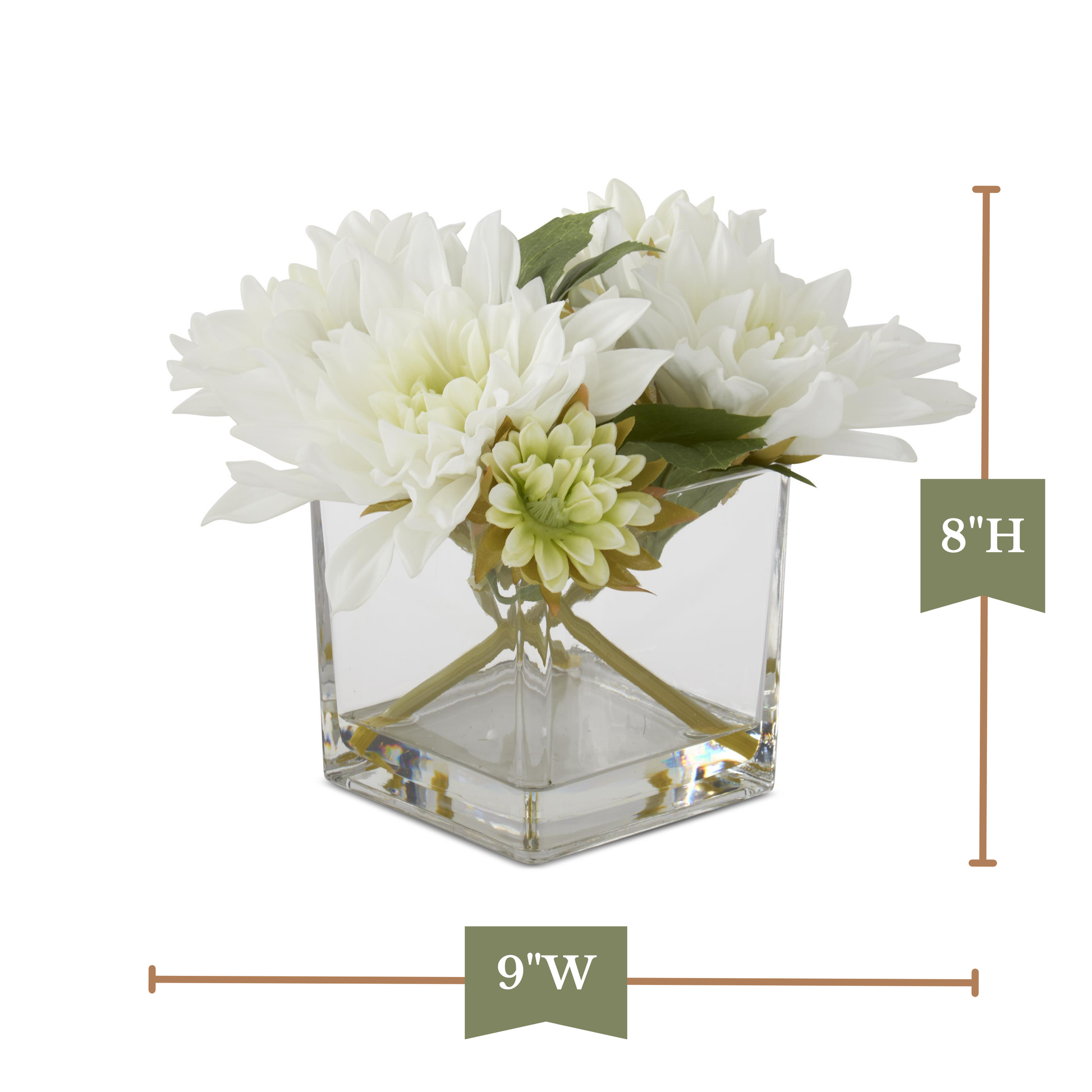 K&K Interiors 8" Real Touch White Dahlia Flower Arrangement in Faux Water Glass Vase for Mother's Day
