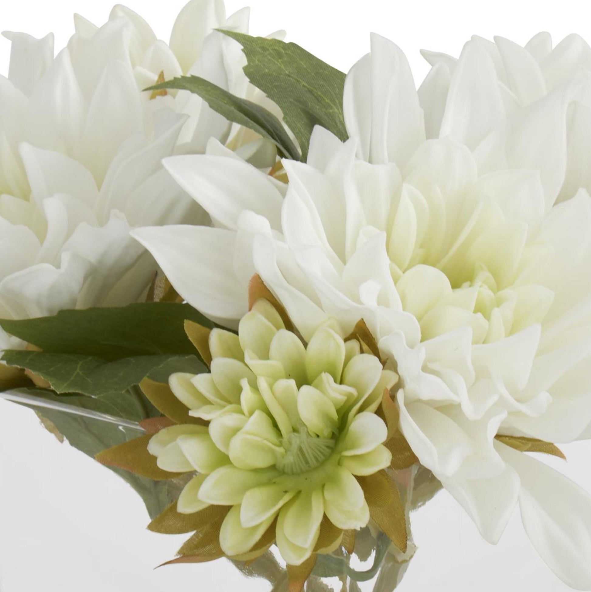 K&K Interiors 8" Real Touch White Dahlia Flower Arrangement in Faux Water Glass Vase for Mother's Day
