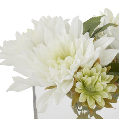 K&K Interiors 8" Real Touch White Dahlia Flower Arrangement in Faux Water Glass Vase for Mother's Day