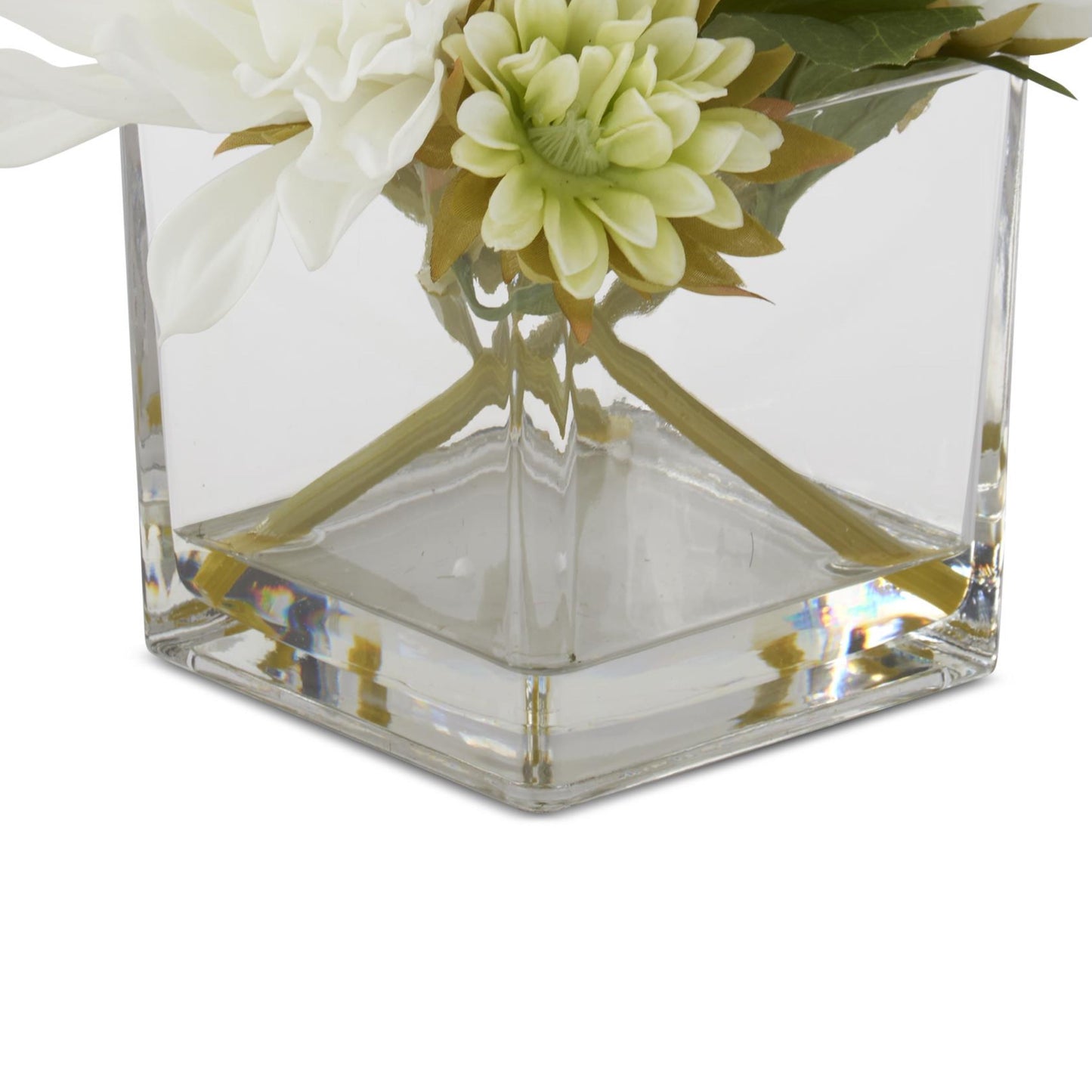 K&K Interiors 8" Real Touch White Dahlia Flower Arrangement in Faux Water Glass Vase for Mother's Day