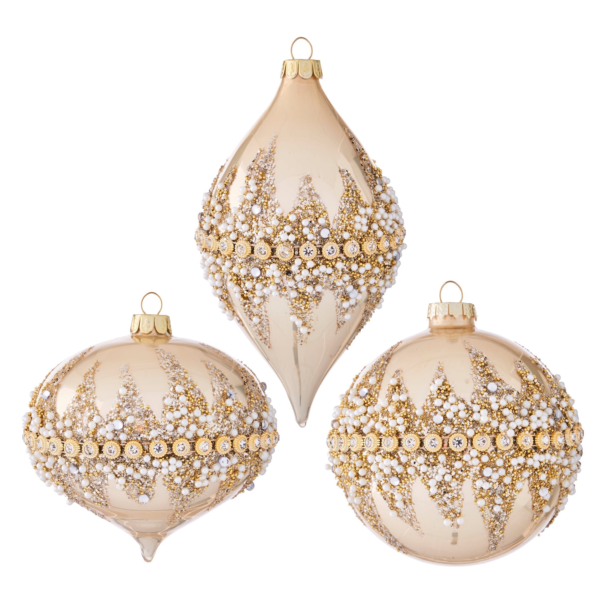 RAZ Imports 4" Gold Beaded Rhinestone Glass Christmas Ornaments - Set of 3