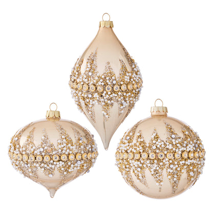 RAZ Imports 4" Gold Beaded Rhinestone Glass Christmas Ornaments - Set of 3