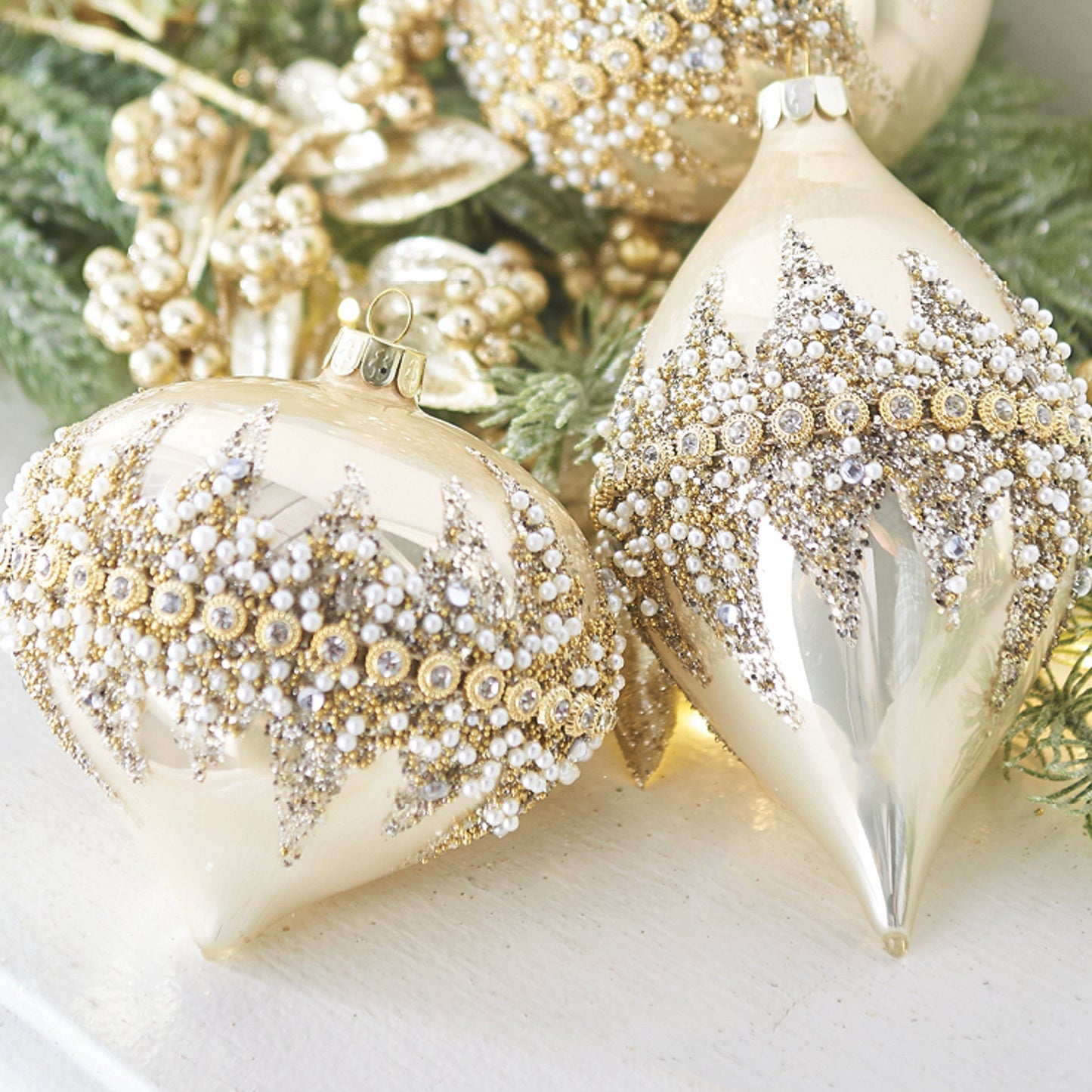 RAZ Imports 4" Gold Beaded Rhinestone Glass Christmas Ornaments - Set of 3