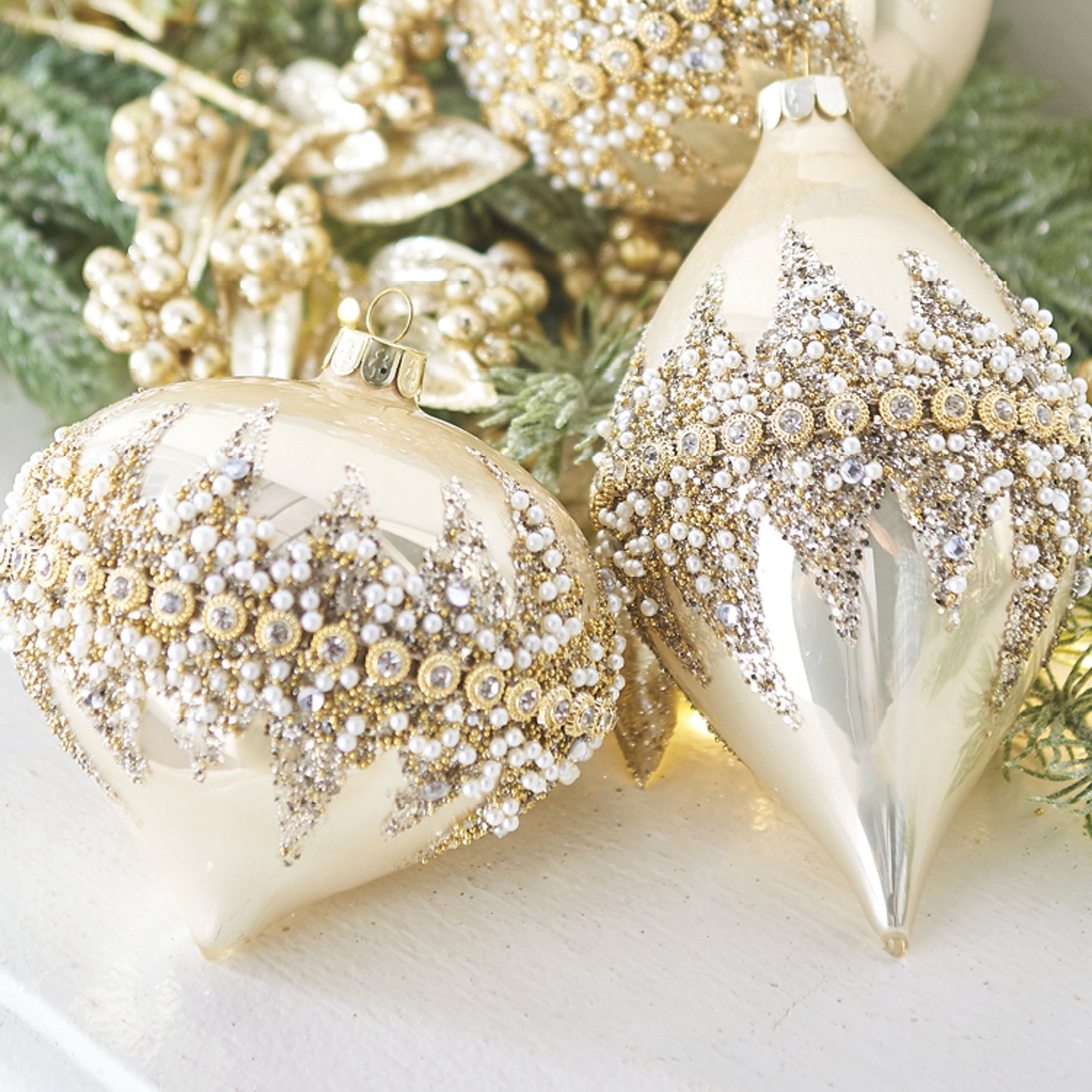 RAZ Imports 4" Gold Beaded Rhinestone Glass Christmas Ornaments - Set of 3