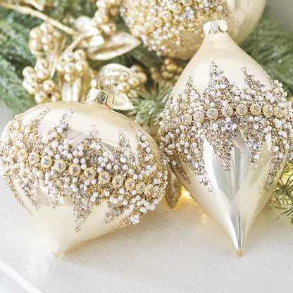 RAZ Imports 4" Gold Beaded Rhinestone Glass Christmas Ornaments - Set of 3