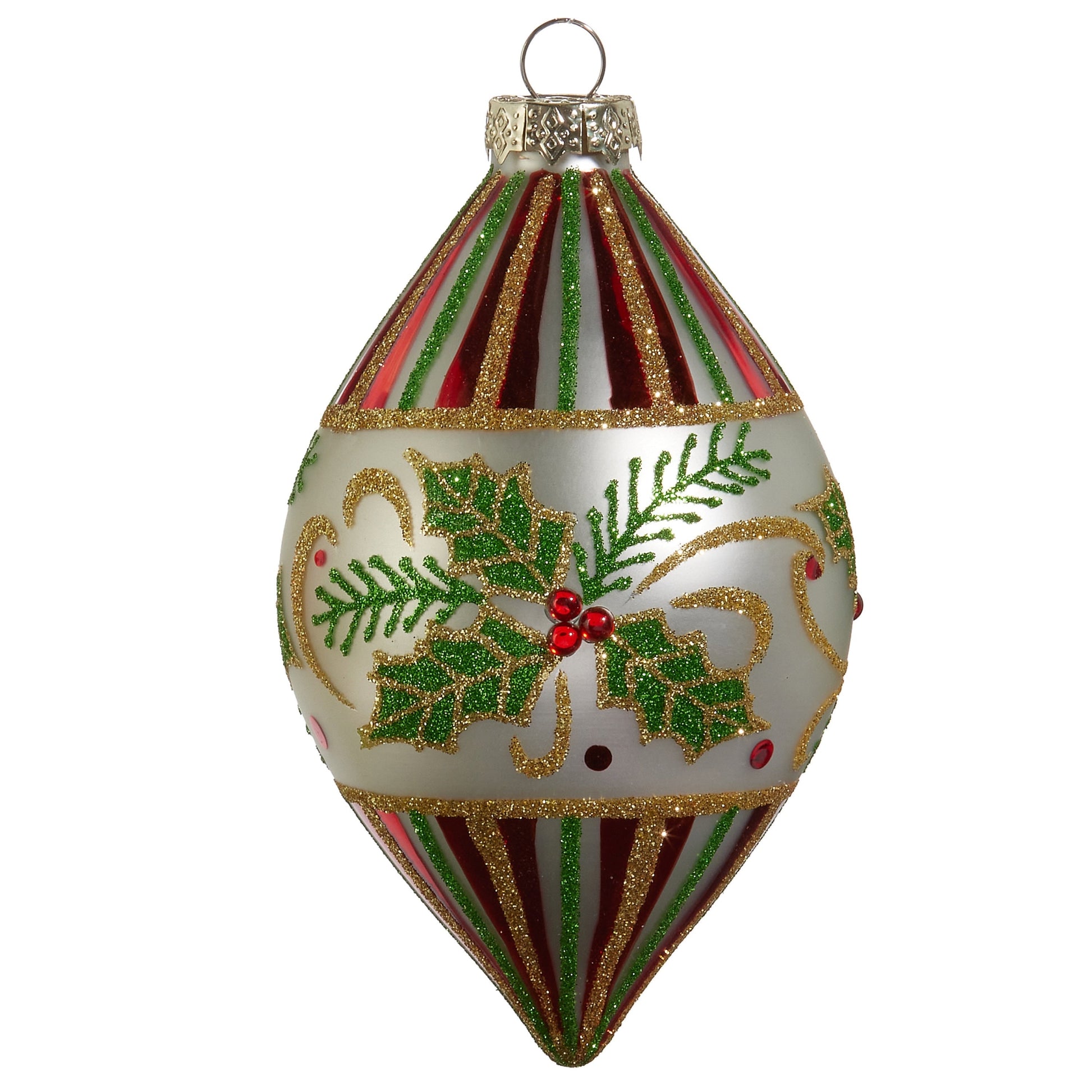 RAZ Imports 4" Traditional Holly Leaf Ball and Finial Glass Christmas Ornaments - Set of 2
