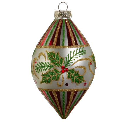 RAZ Imports 4" Traditional Holly Leaf Ball and Finial Glass Christmas Ornaments - Set of 2