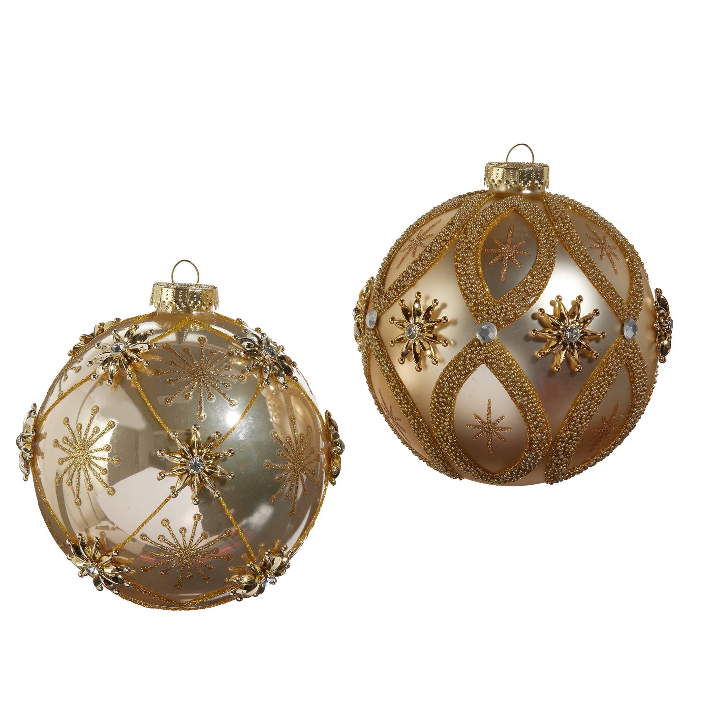RAZ Imports 5" Star and Jewel Gold Glass Ball Christmas Ornaments - Set of 2