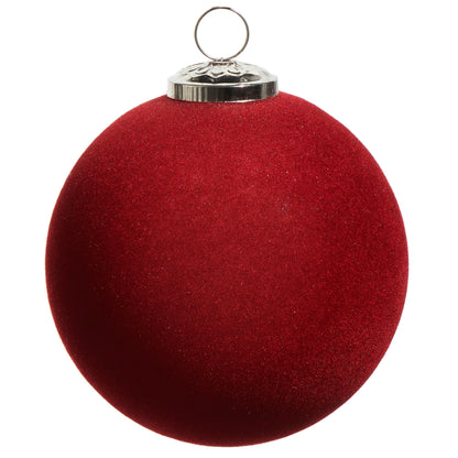 RAZ Imports 5" Red Velvet Berry Flocked Glass Ball Christmas Ornament - Set of 8