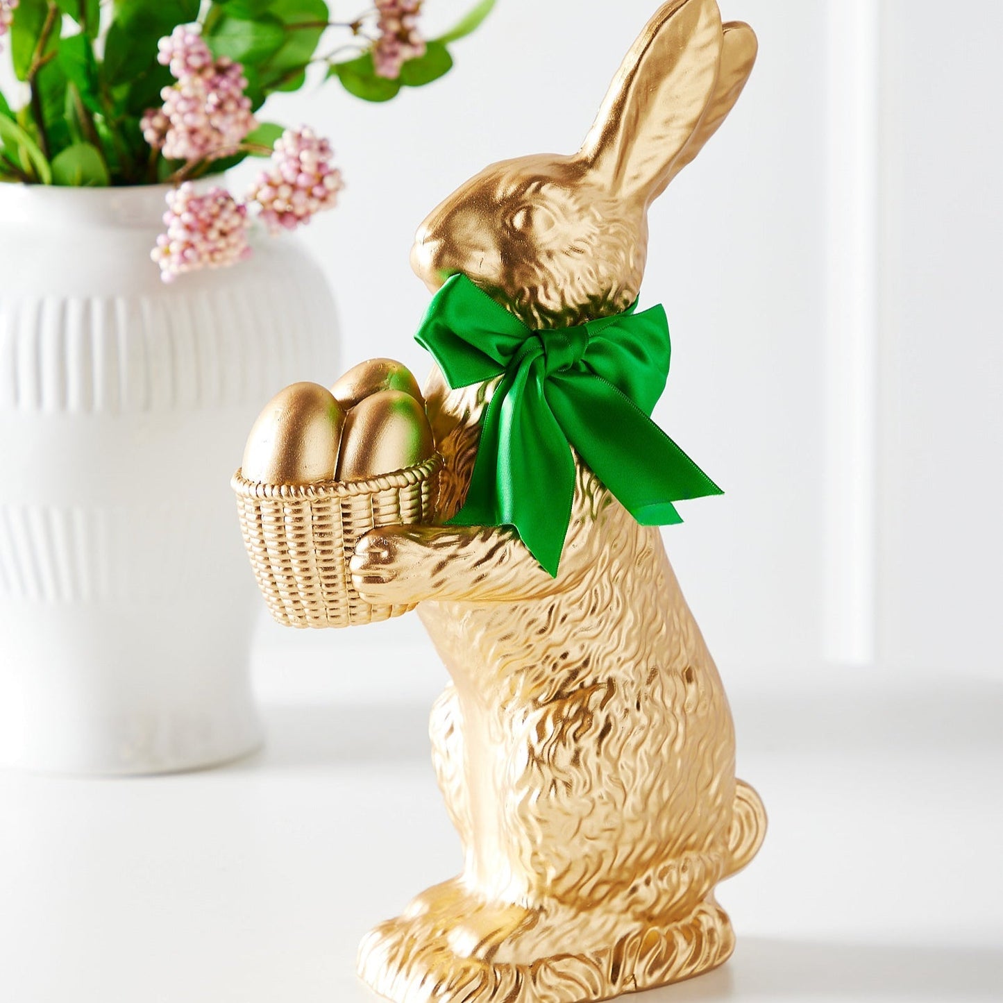 RAZ Imports 14" Gold Resin Easter Bunny Rabbit with Egg Basket