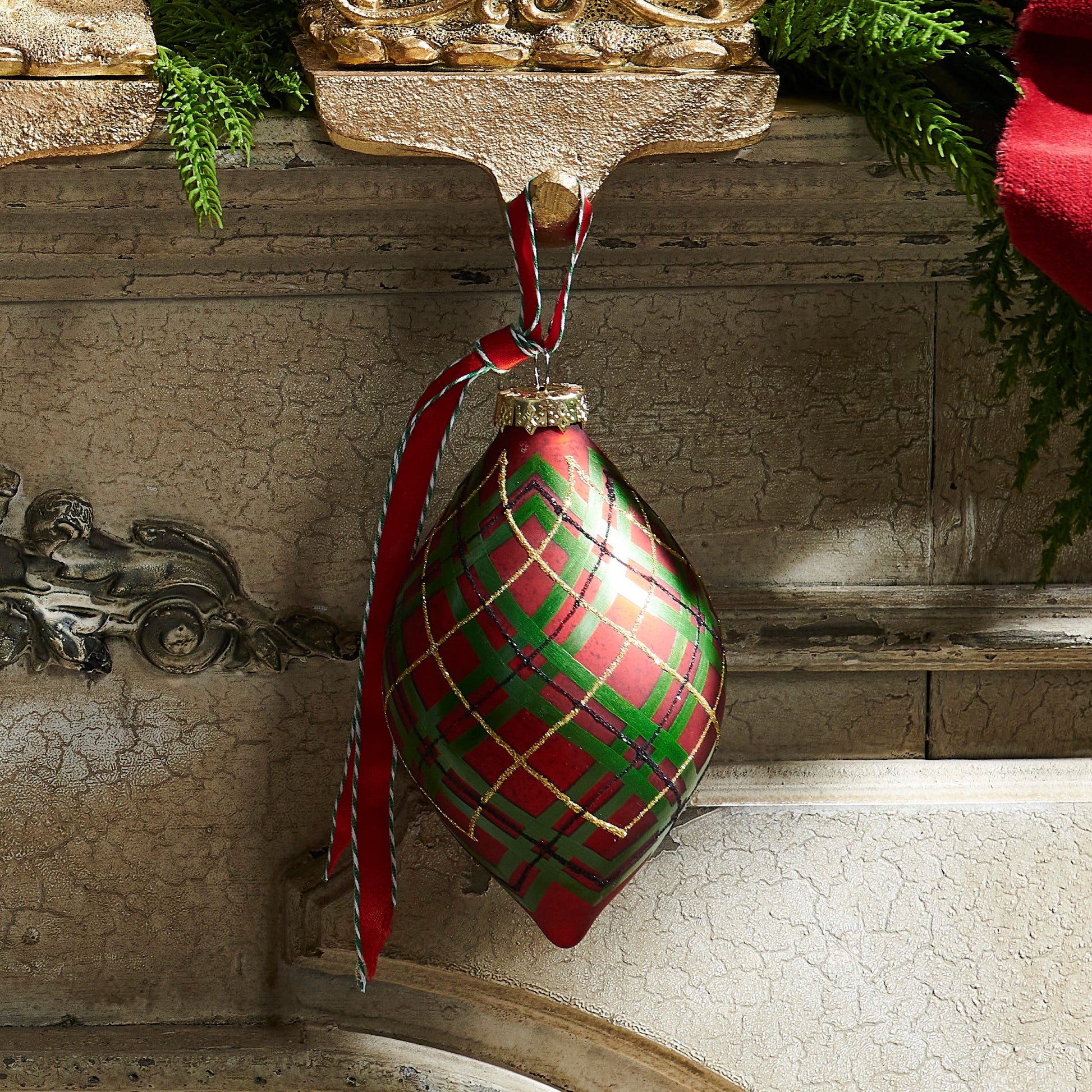 RAZ Imports 4" Traditional Red Plaid Ball and Finial Glass Christmas Ornaments - Set of 2