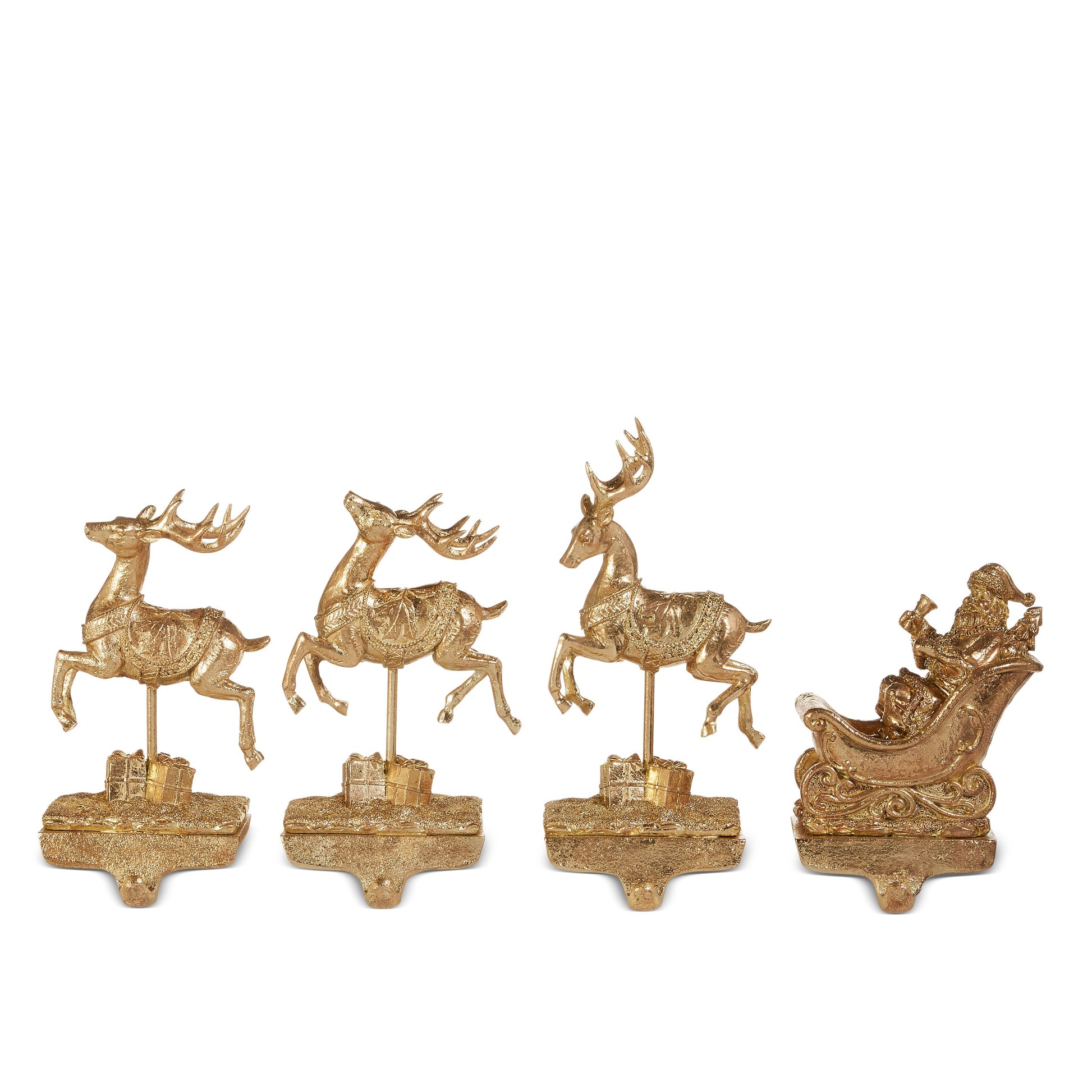 RAZ Imports 10.5" Santa and Reindeer Gold Resin Iron Christmas Stocking Holders - Set of 4