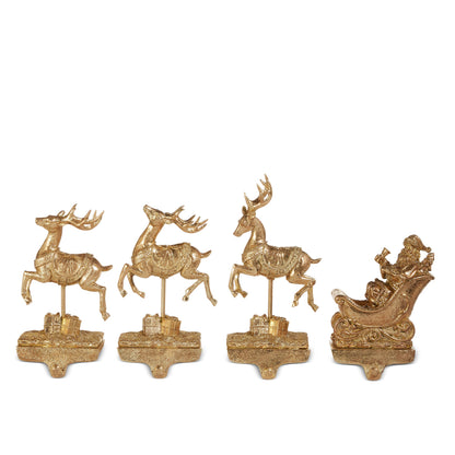 RAZ Imports 10.5" Santa and Reindeer Gold Resin Iron Christmas Stocking Holders - Set of 4