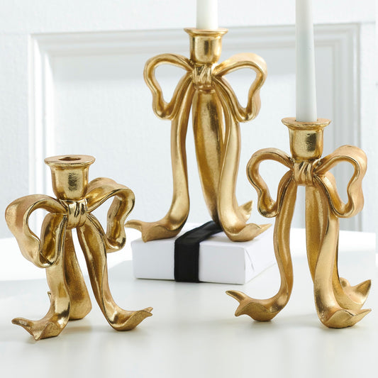 RAZ Imports 9" Bow Candlestick Holders Christmas Decoration - Set of 3