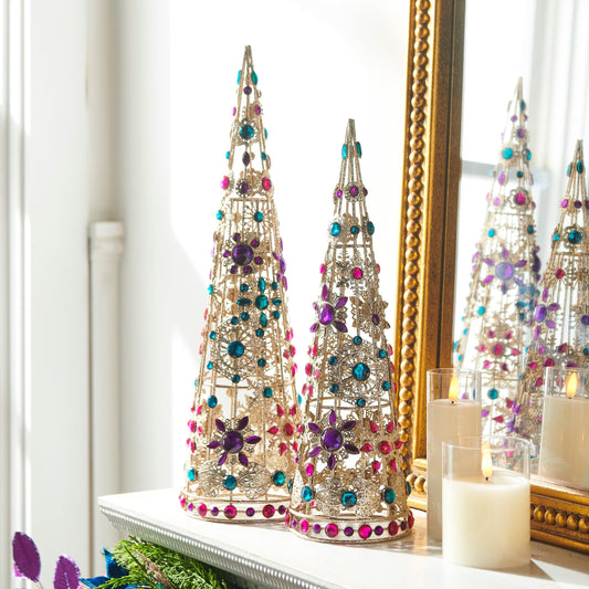 RAZ Imports 18" and 15" Jeweled Multicolor Brooch Christmas Trees Christmas Decoration - Set of 2