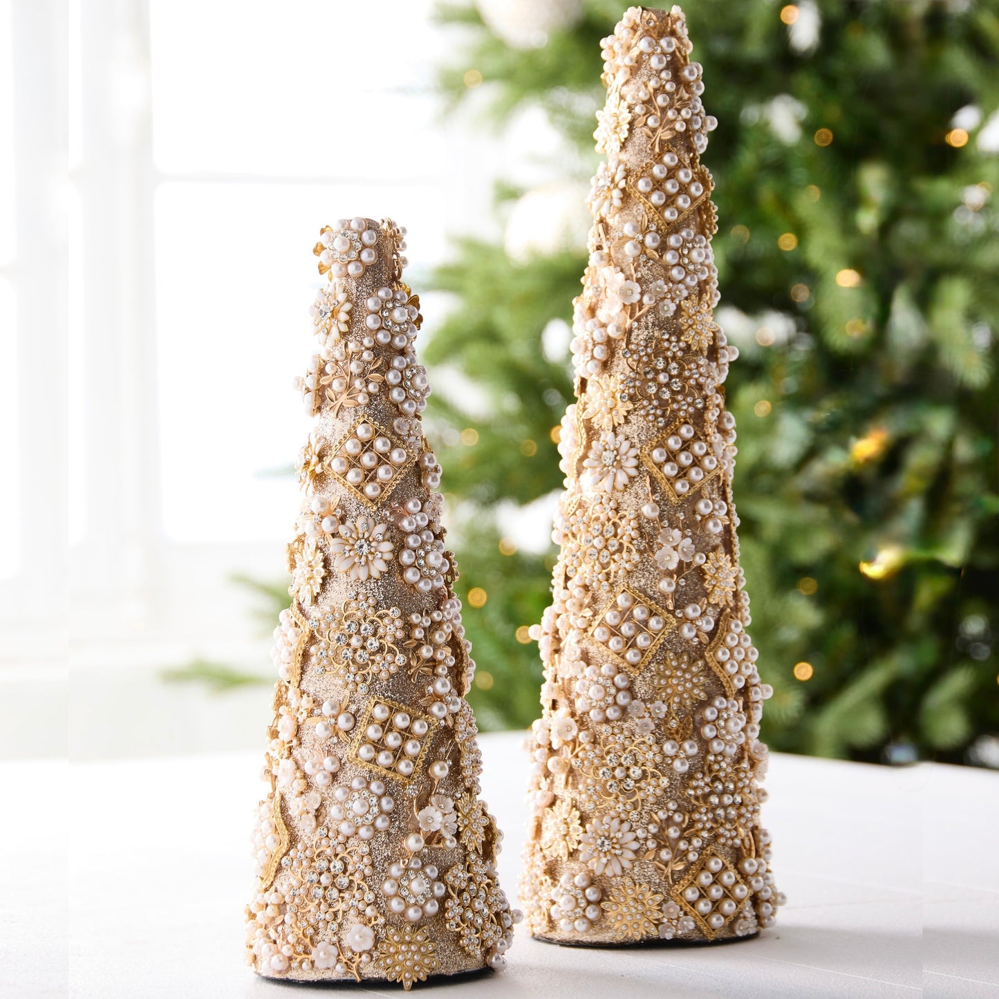 RAZ Imports 17.5" and 13" Glittered Gold Jewel and Pearl Brooch Cone Christmas Trees Christmas Decoration - Set of 2