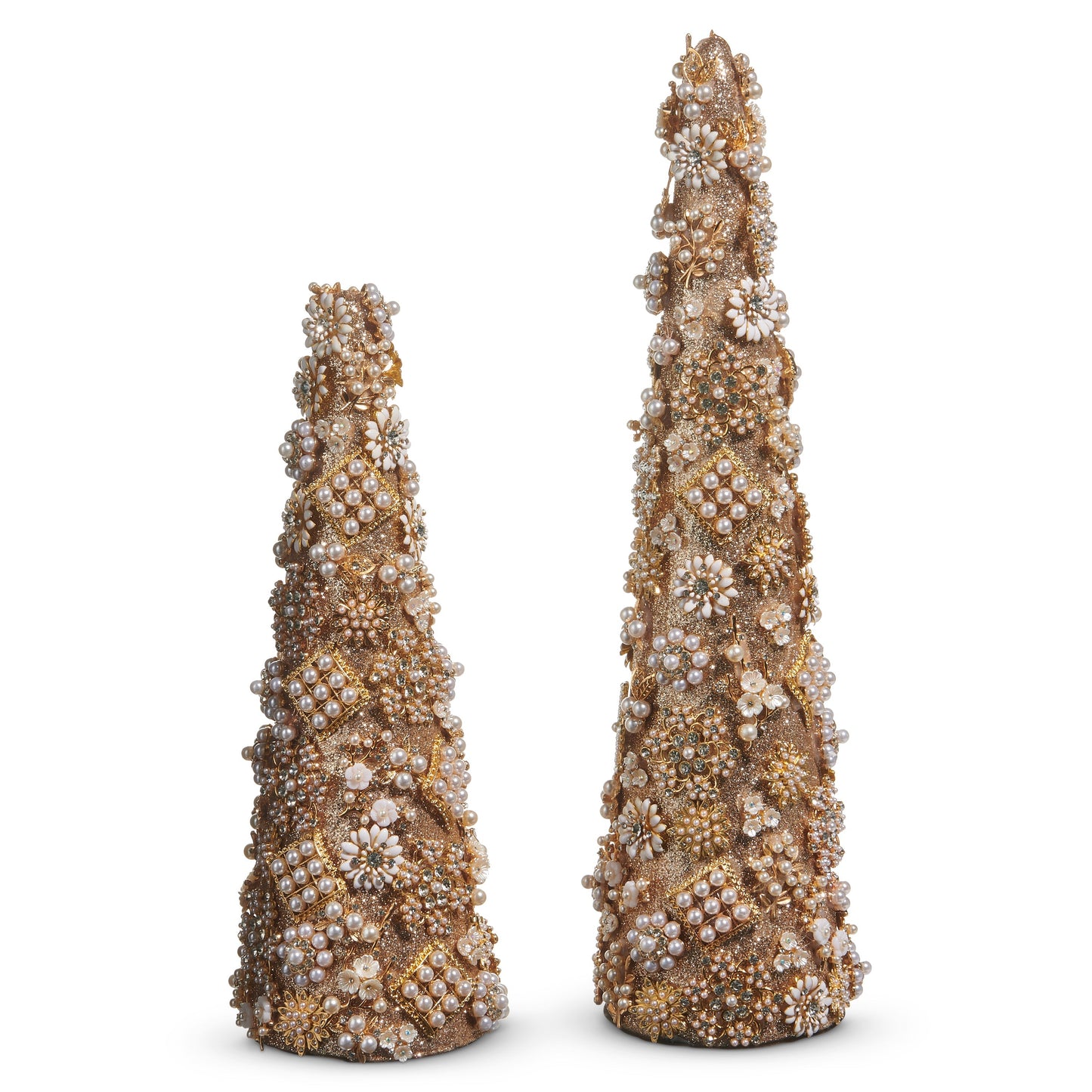 RAZ Imports 17.5" and 13" Glittered Gold Jewel and Pearl Brooch Cone Christmas Trees Christmas Decoration - Set of 2