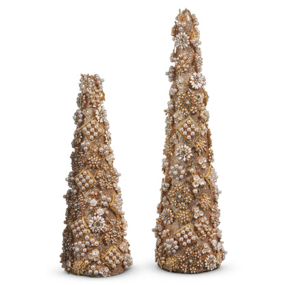 RAZ Imports 17.5" and 13" Glittered Gold Jewel and Pearl Brooch Cone Christmas Trees Christmas Decoration - Set of 2