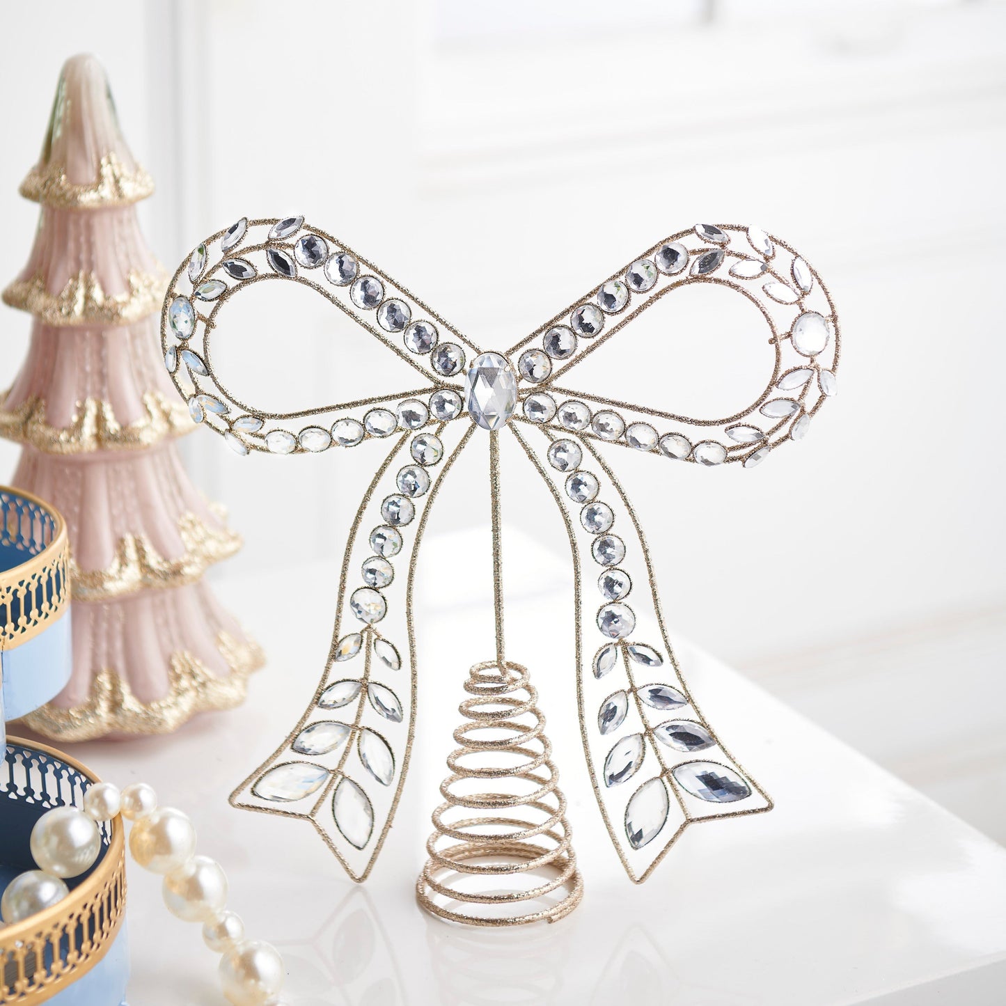 RAZ Imports 10.5" Glittered Gold Jeweled Bow Christmas Tree Topper