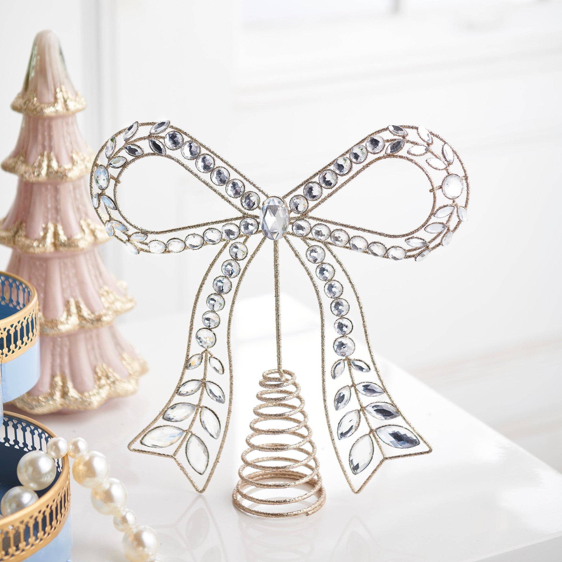 RAZ Imports 10.5" Glittered Gold Jeweled Bow Christmas Tree Topper