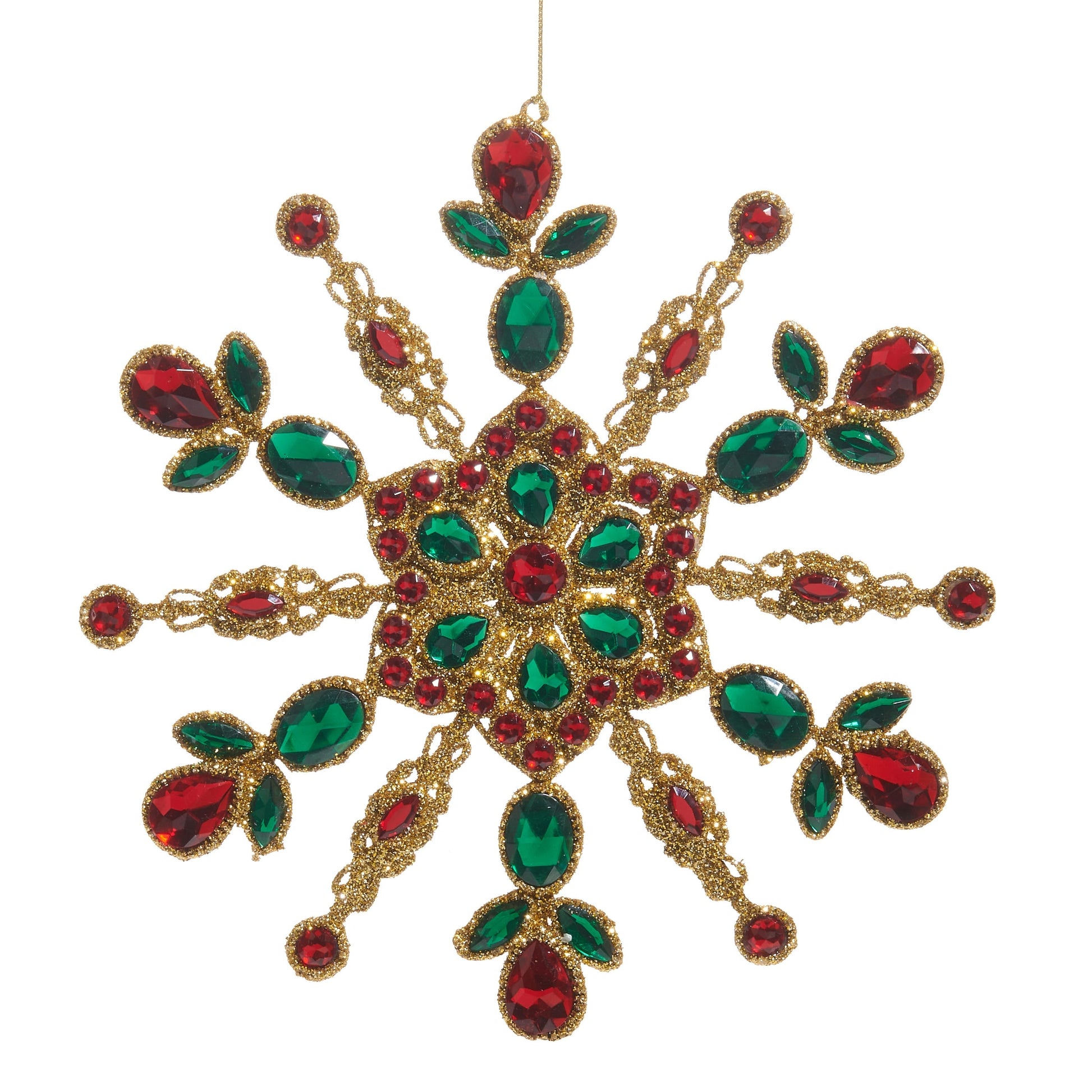 RAZ Imports 9.5" Red and Green Jeweled Gold Snowflake Ornament