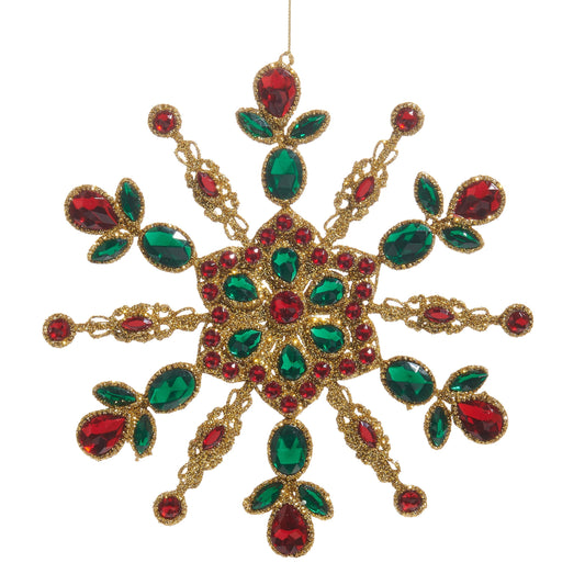 RAZ Imports 9.5" Red and Green Jeweled Gold Snowflake Ornament