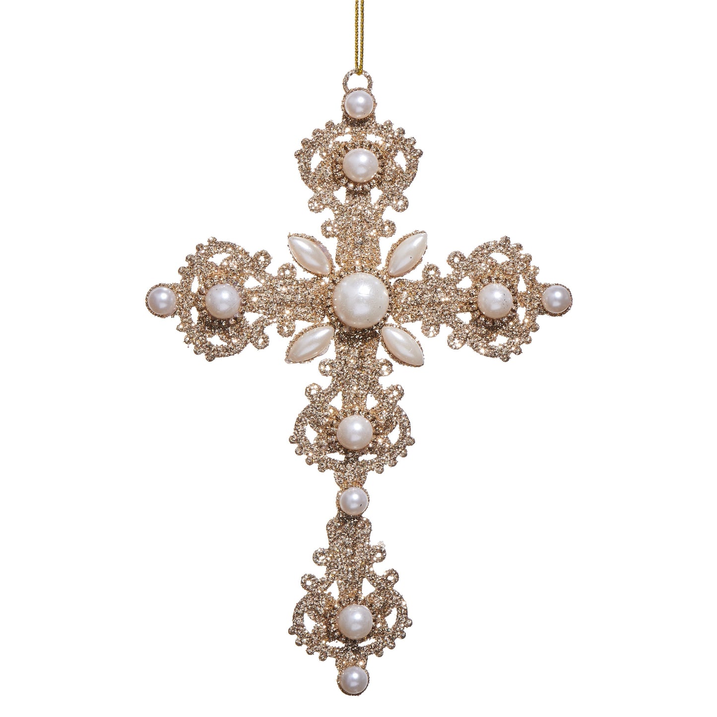 RAZ Imports 6.5" Glittered Gold Pearl Cross Christmas Ornament