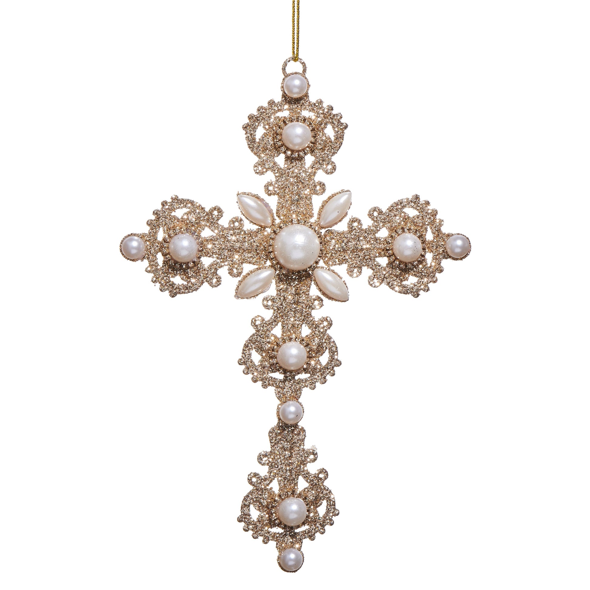 RAZ Imports 6.5" Glittered Gold Pearl Cross Christmas Ornament