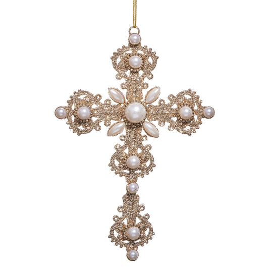 RAZ Imports 6.5" Glittered Gold Pearl Cross Christmas Ornament