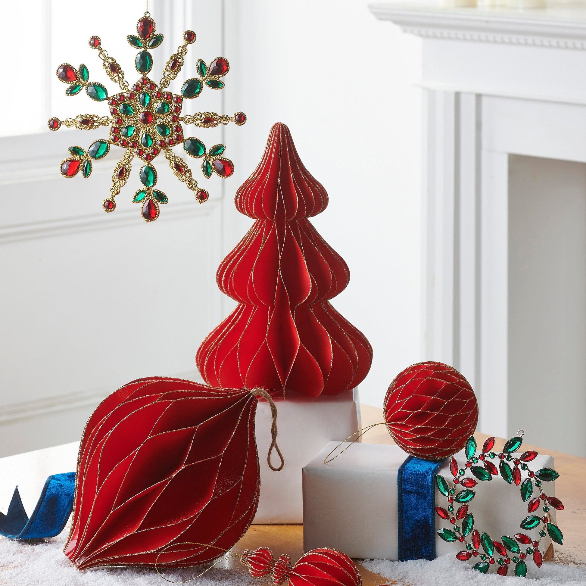 RAZ Imports 9.5" Red and Green Jeweled Gold Snowflake Ornament