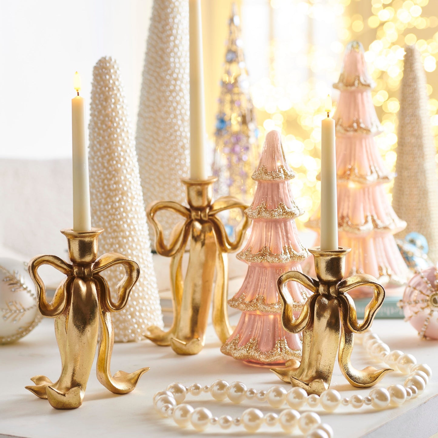 RAZ Imports 9" Bow Candlestick Holders Christmas Decoration - Set of 3