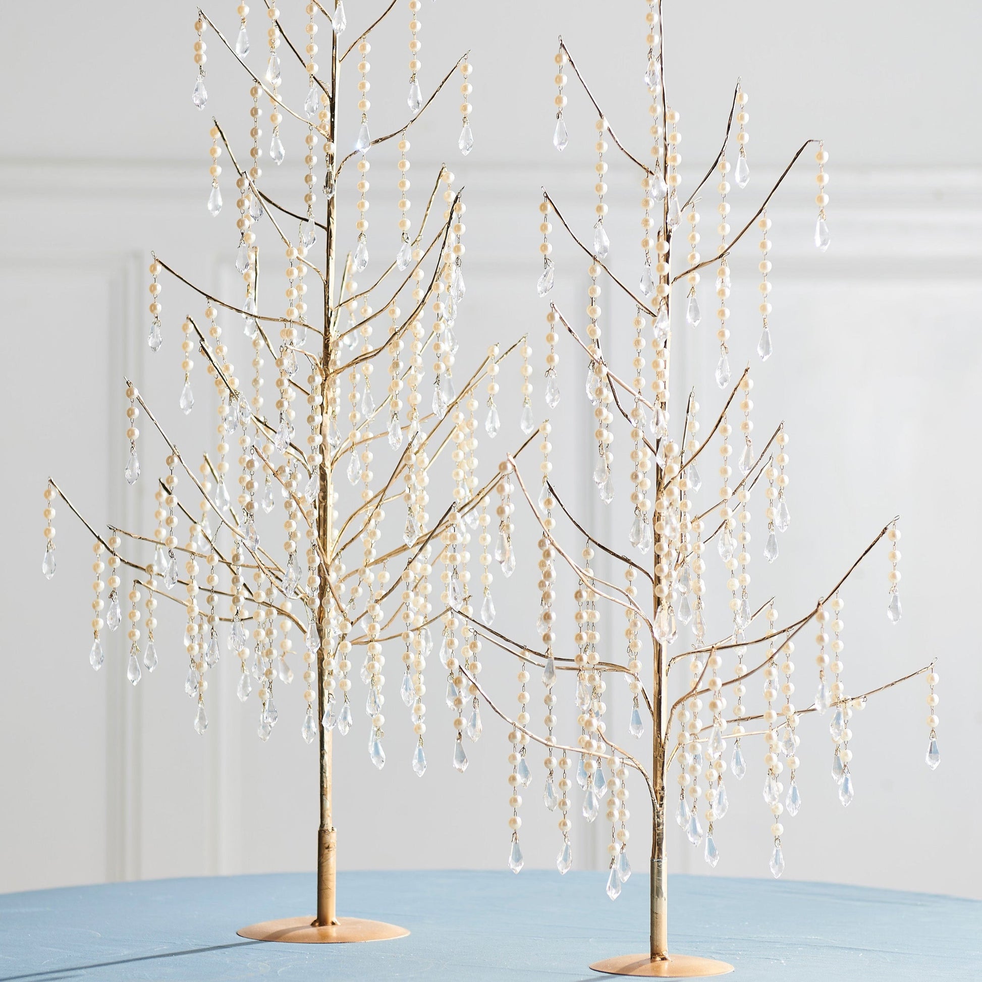 RAZ Imports 29.5" and 24.5" Dripping Pearl Crystal Gold Trees Christmas Decoration - Set of 2