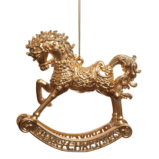 RAZ Imports 5.5" Glittered Gold Merry Christmas Rocking Horse Christmas Ornament