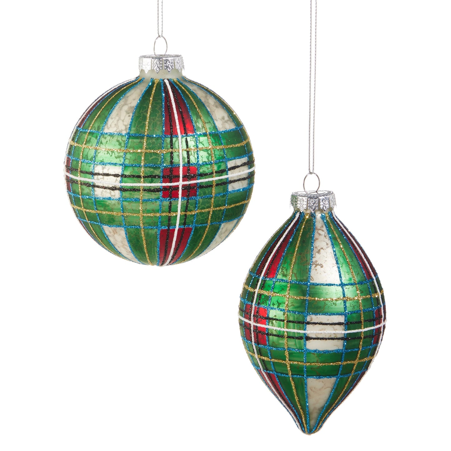 RAZ Imports 4" Tartan Green Plaid Ball and Finial Glass Christmas Ornaments - Set of 2