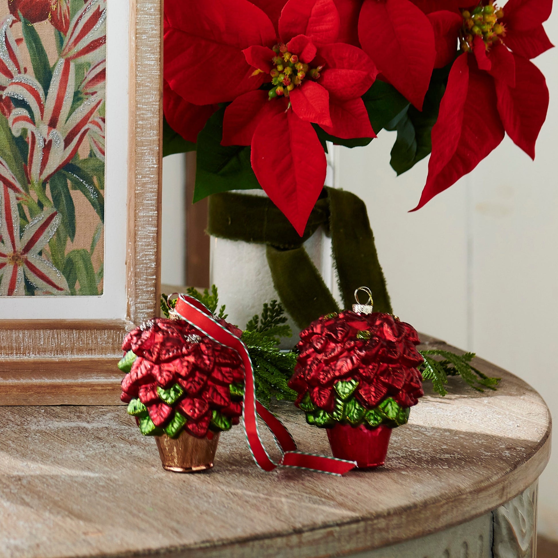 RAZ Imports 4" Traditional Red Poinsettia Christmas Flowers Glass Christmas Ornaments - Set of 2