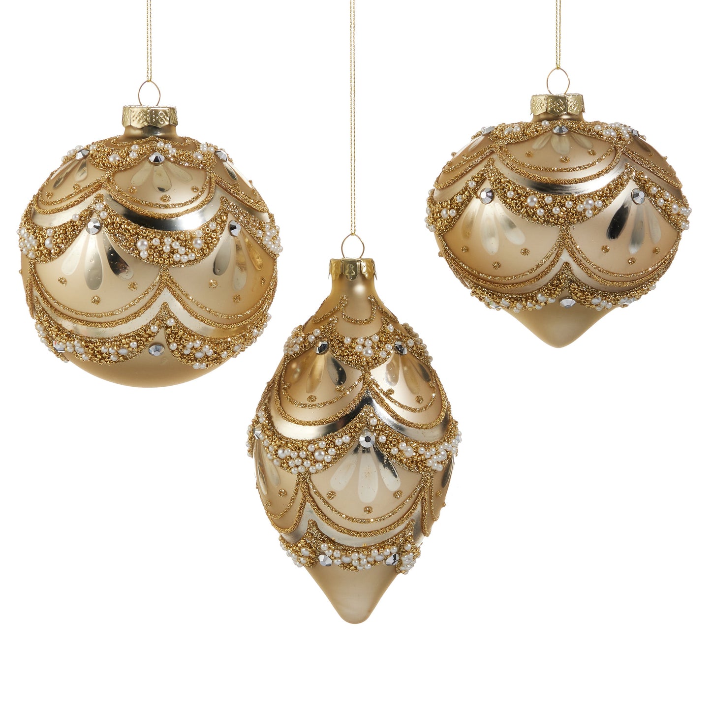 RAZ Imports 4" Golden Pearl Trimmed Glass Christmas Ornaments - Set of 3