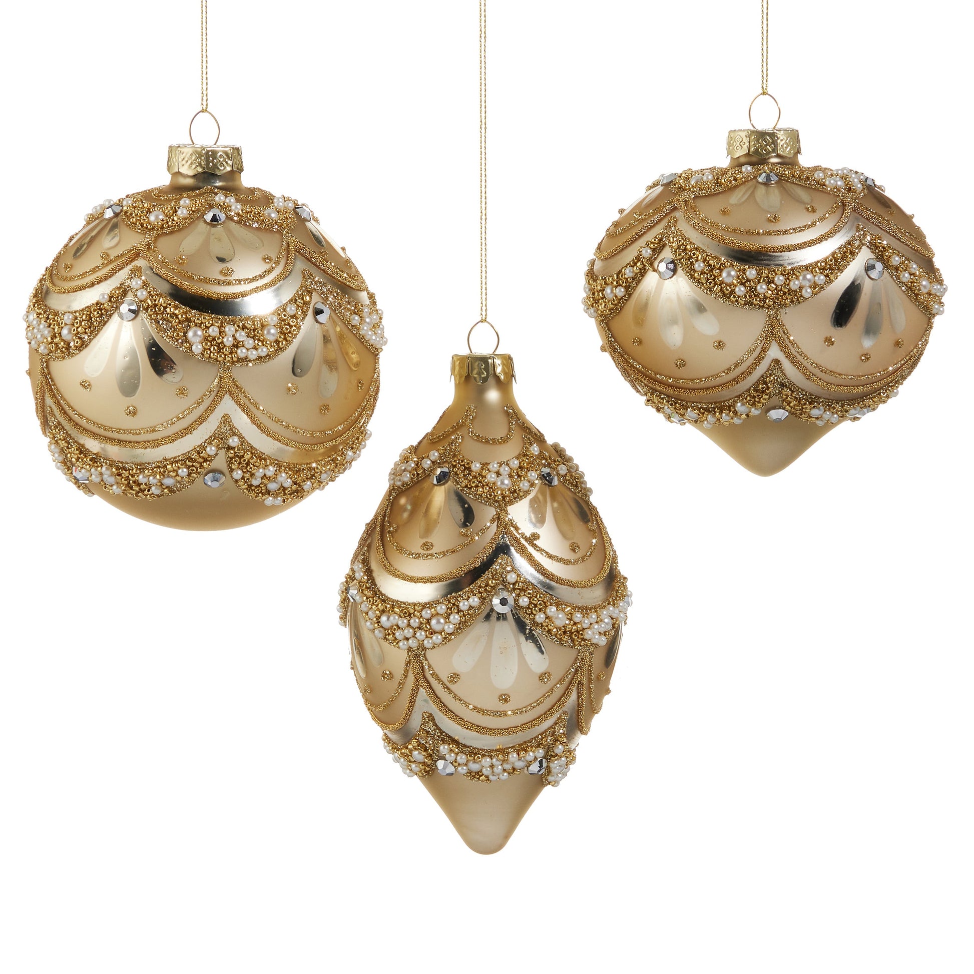RAZ Imports 4" Golden Pearl Trimmed Glass Christmas Ornaments - Set of 3